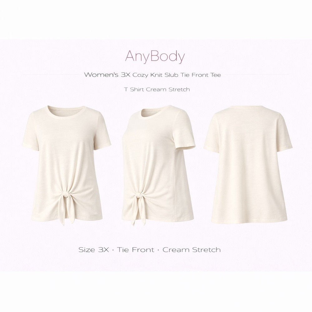 AnyBody Cozy Knit Slub Tie Front Tee Cream Short Sleeve‎ Plus Size 3X A3745